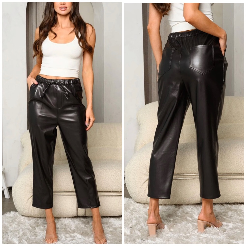 HYFVE Trendy Chic Black Pleather Straight Leg Pants